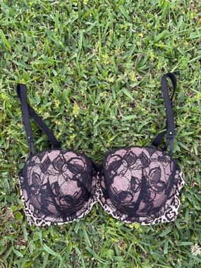 Victoria's Secret Black Lace Overlay Bra with Nude Base and Leopard Trim